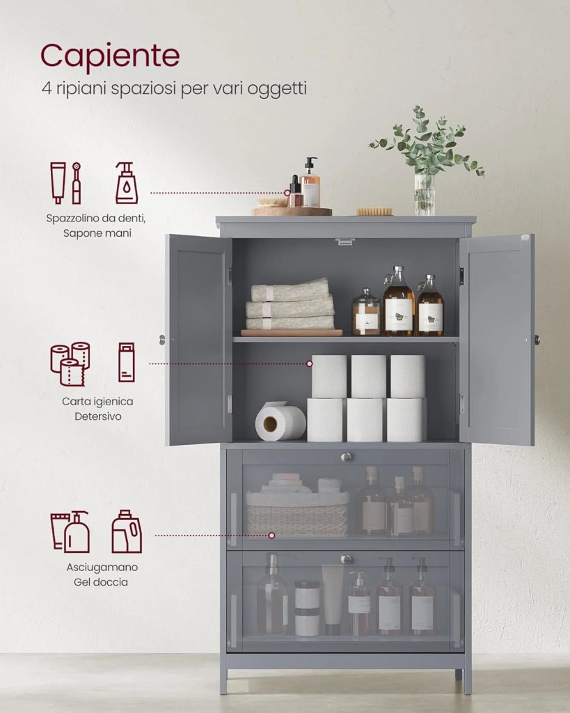 VASAGLE Mobile da Bagno, Mobiletto da Bagno, Credenza da Cucina, Armadietto con 2 Cassetti e 2 Ante, Ripiano Regolabile, 30 x 60 x 110 cm, Grigio Tortora BBC551G02