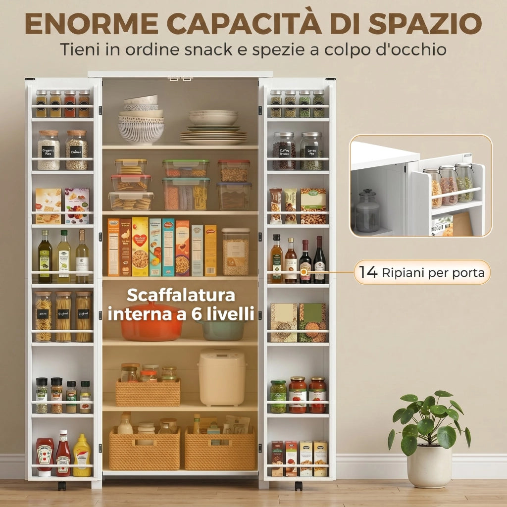 Mobile Cucina Moderno: Ruote. 2 Ante. 14 Scomparti. Colore Bianco.