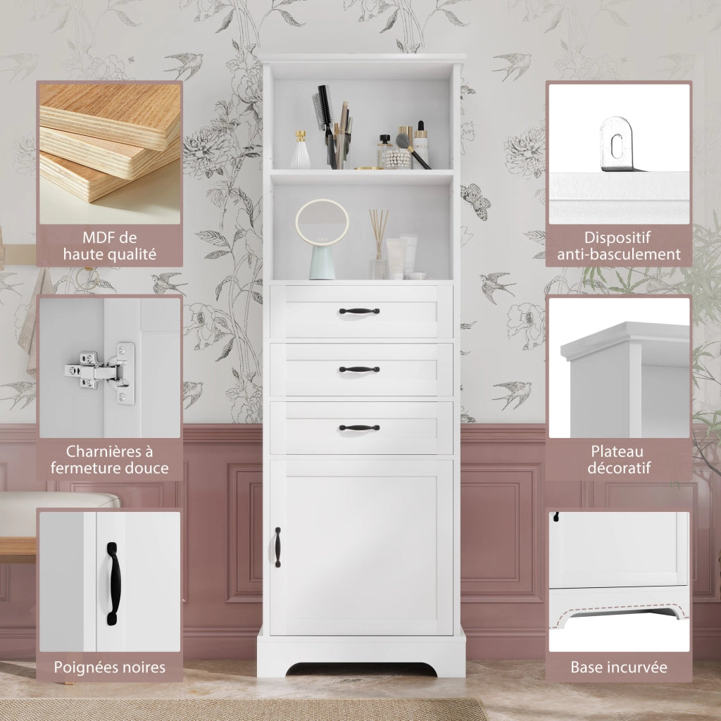 Armadietto da bagno con 1 anta 3 cassetti e vani aperti con ripiani regolabili in MDF bianco 56 × 25,6 × 167 cm