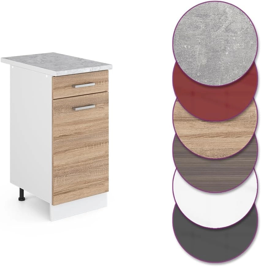 Mobiletto base per cucina R-Line, Sonoma, 40 cm, PL Marmo, per la libera combinazione all'interno di sistemi cucina modulari