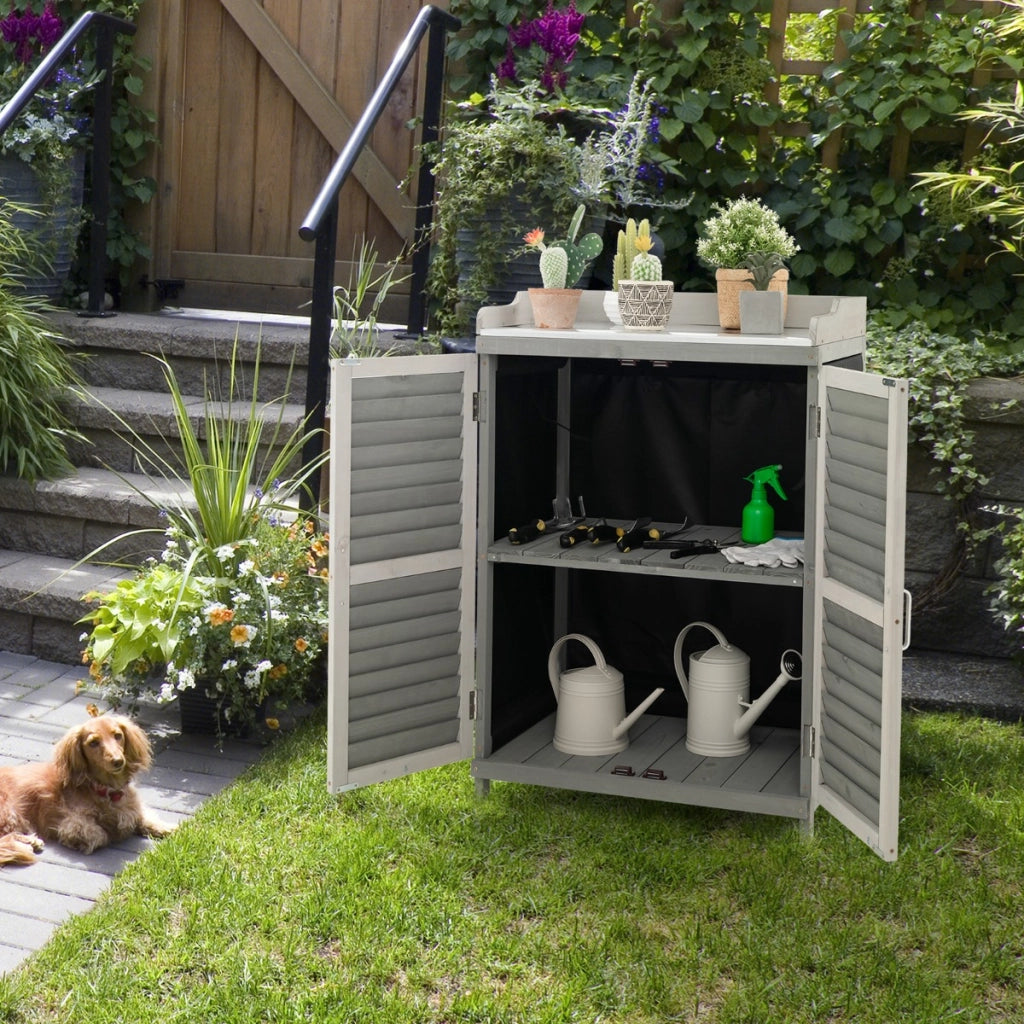 Armadietto da esterno in legno di abete con 2 ante magnetiche, 1 ripiano e piano in metallo placcato 67x47x100 cm Grigio-Casette da giardino