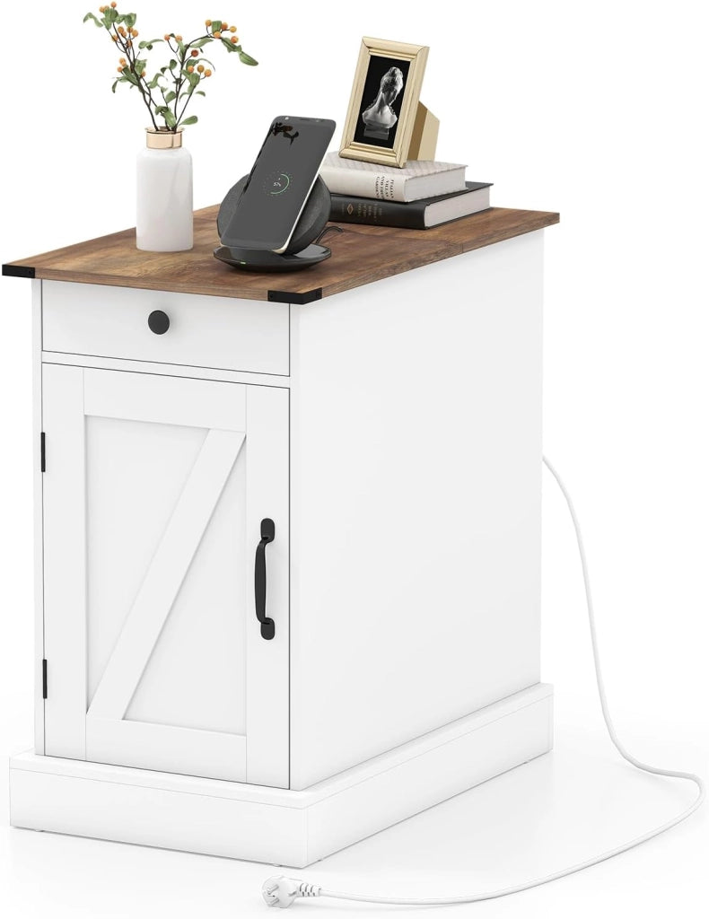 Tavolino da Salotto, Tavolino con Stazione di Ricarica, Coperchio a Ribalta, Cassetto, Vassoio Rimovibile e Armadio, Mobile Versatile in Legno da Letto e Divano (Bianco)