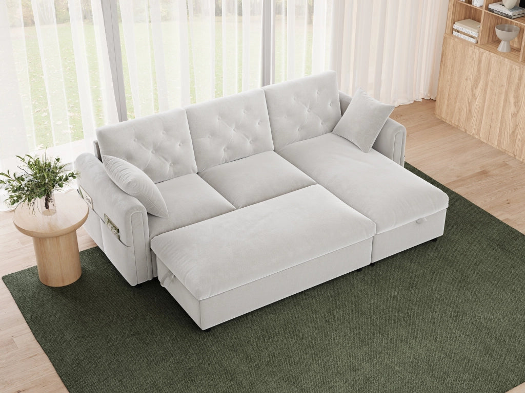 Divano angolare convertibile con chaise longue reversibile e pouf contenitore in velluto beige 219 × 131 × 86 cm