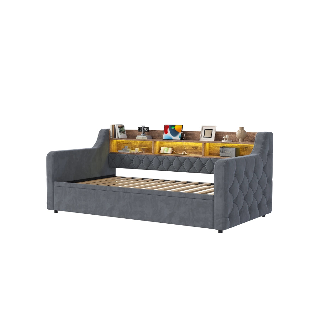 Letto divano estraibile 90 × 190 cm con contenitore, illuminazione LED, USB e Type-C, senza materasso, grigio scuro