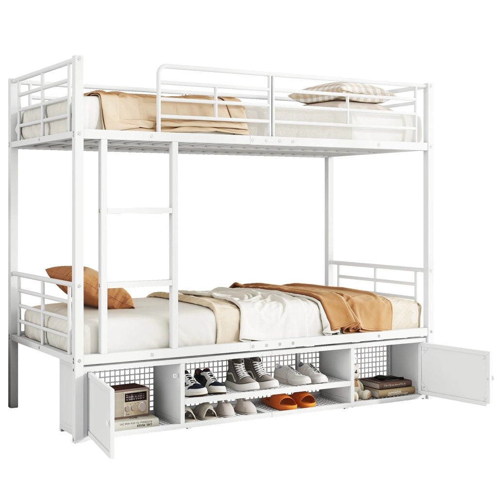 Letto a Castello 90×200 cm; Letto Singolo con Scala a 3 Gradini; Scarpiera e 2 Ante; senza Materasso