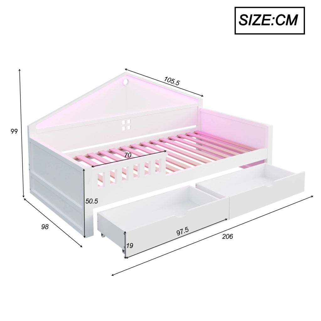 Letto singolo 90x200 cm con LED; 2 cassetti; in legno massello e MDF; bianco