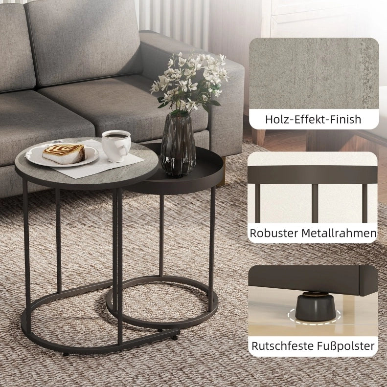Set di 2 tavolini rotondi impilabili in MDF e metallo; grigio e nero