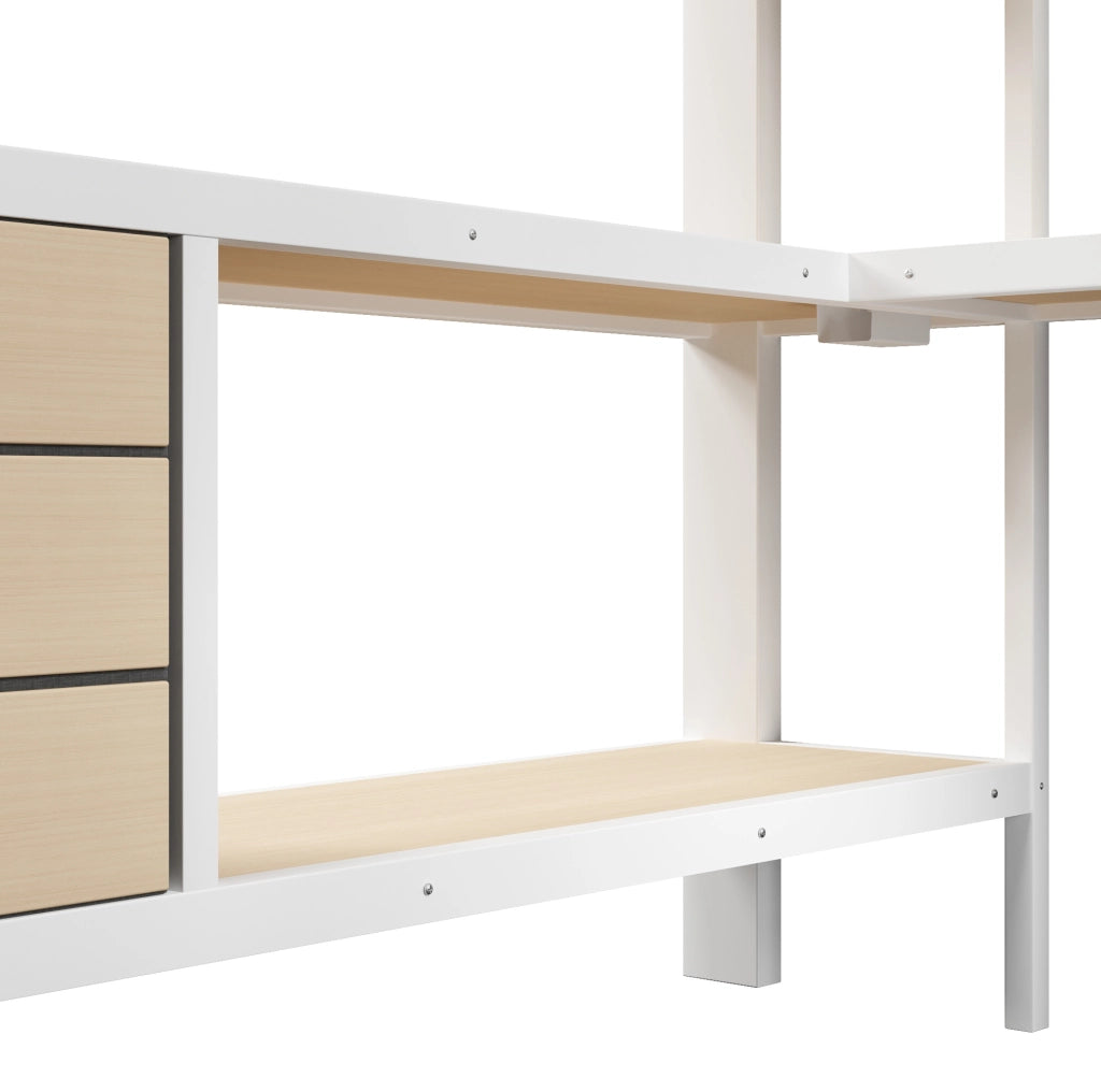 Letto a soppalco 140x200 cm bianco con scrivania, cassetti, presa e LED