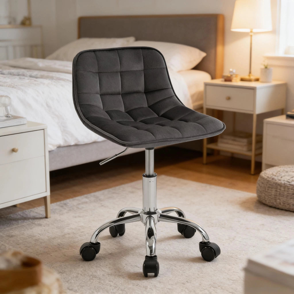 Sedia girevole in velluto grigio scuro, regolabile in altezza, con ruote, per ufficio e make-up