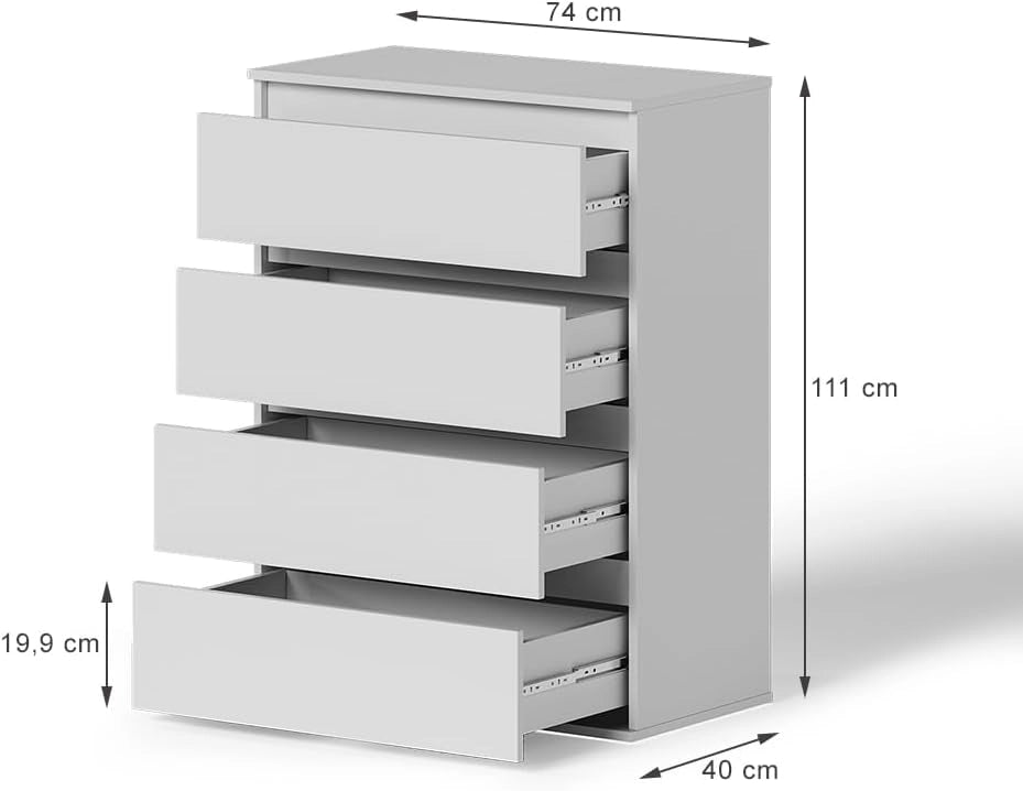 Cassettiera Claus, Bianco, 74 x 99.6 cm con 4 cassetti, per riporre abiti e oggetti di uso quotidiano