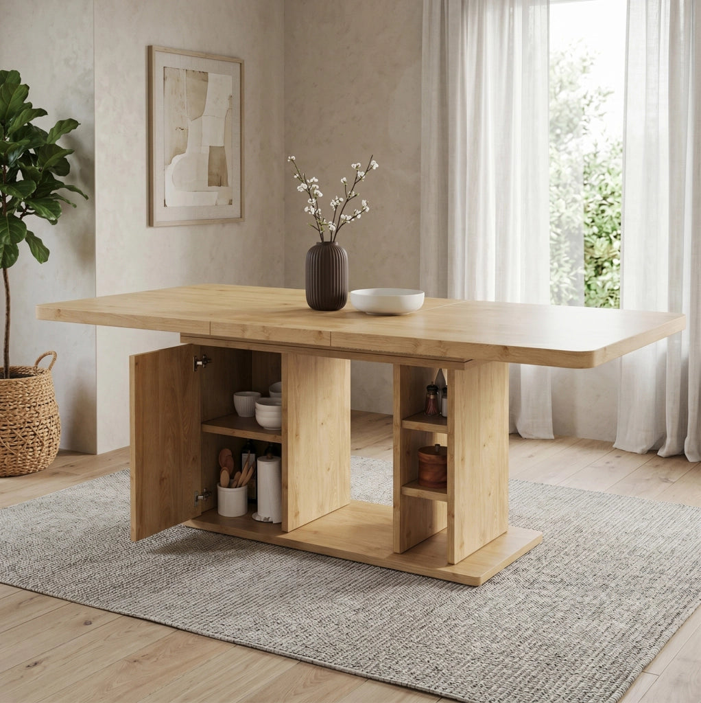 Tavolo da pranzo allungabile 140/180 x 80 cm in MDF colore rovere con vani portaoggetti