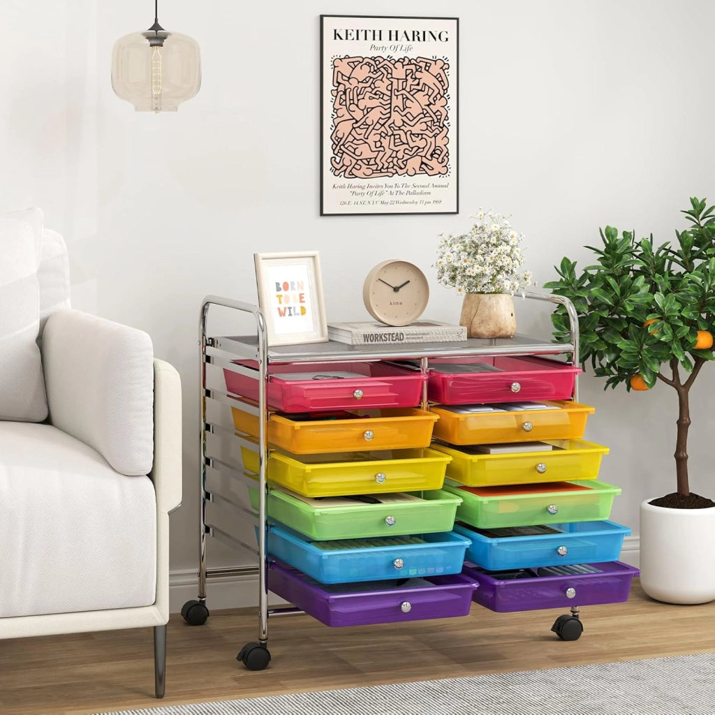 Carrello con 12 cassetti impilabili, carrello per cassetti con ruote e piano di lavoro, carrello per soggiorno, cucina, camera da letto e uffici, 64 x 38 x 62 cm (trasparente colorato)