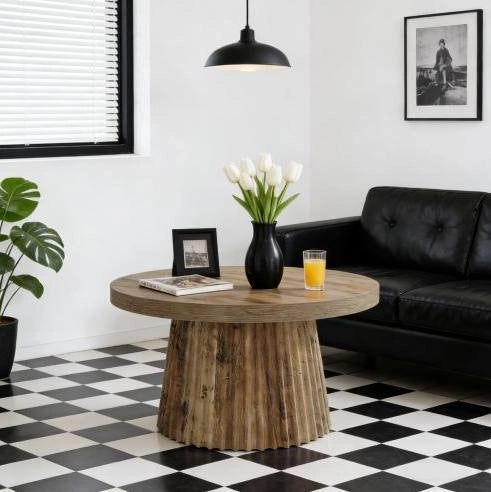 Tavolino da caffè rotondo ? 80 cm in MDF marrone con base scanalata