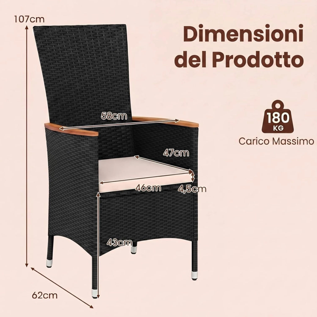 Sedie da Giardino in Ratten PE, Sedie da Esterno con Cuscino Moebido, Braccioli Curvi e Schienale Alto, Portata 180 kg, Poltrone da Esterno per Terrazza e Bordo Piscina, 58 X 62 X 107 CM (2)
