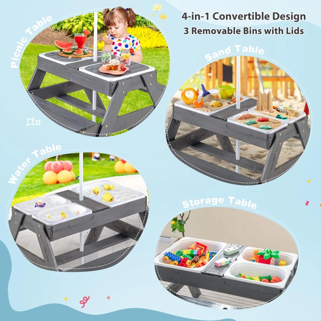 Gruppo di seggiolino per bambini, per esterni, tavolo da picnic con 3 contenitori rimovibili, panche e ombrellone regolabili in altezza, set per seggiolino per bambini in legno di abete, set da
