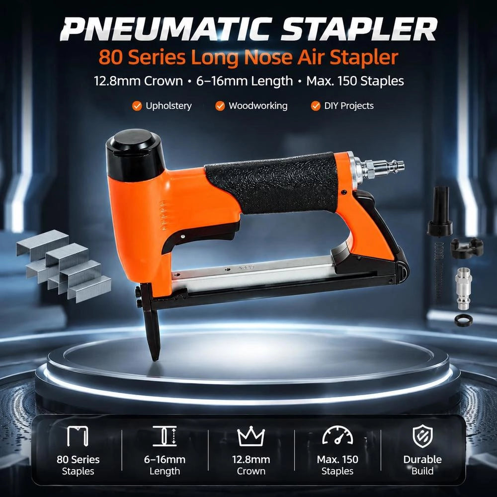 Pneumatic Tacker, Long-nose Pneumatic Nailer For Fine Wire Staples Of The 80 Series, 12.8 Mm Crown, 6–16 Mm Length, Max. 150 Pcs. Nail Gun For Upholstery, Woodworking, DIY.
