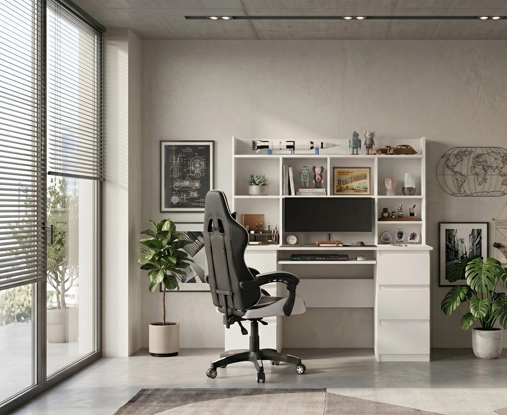 Scrivania KUBA con alzata bianco + poltrona REMUS bianco set 6 cassetti per ufficio e studio