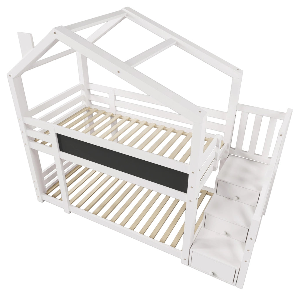 Letto a castello per bambini 90x200 cm in legno massello di pino e MDF; bianco; con lavagna e scala contenitore