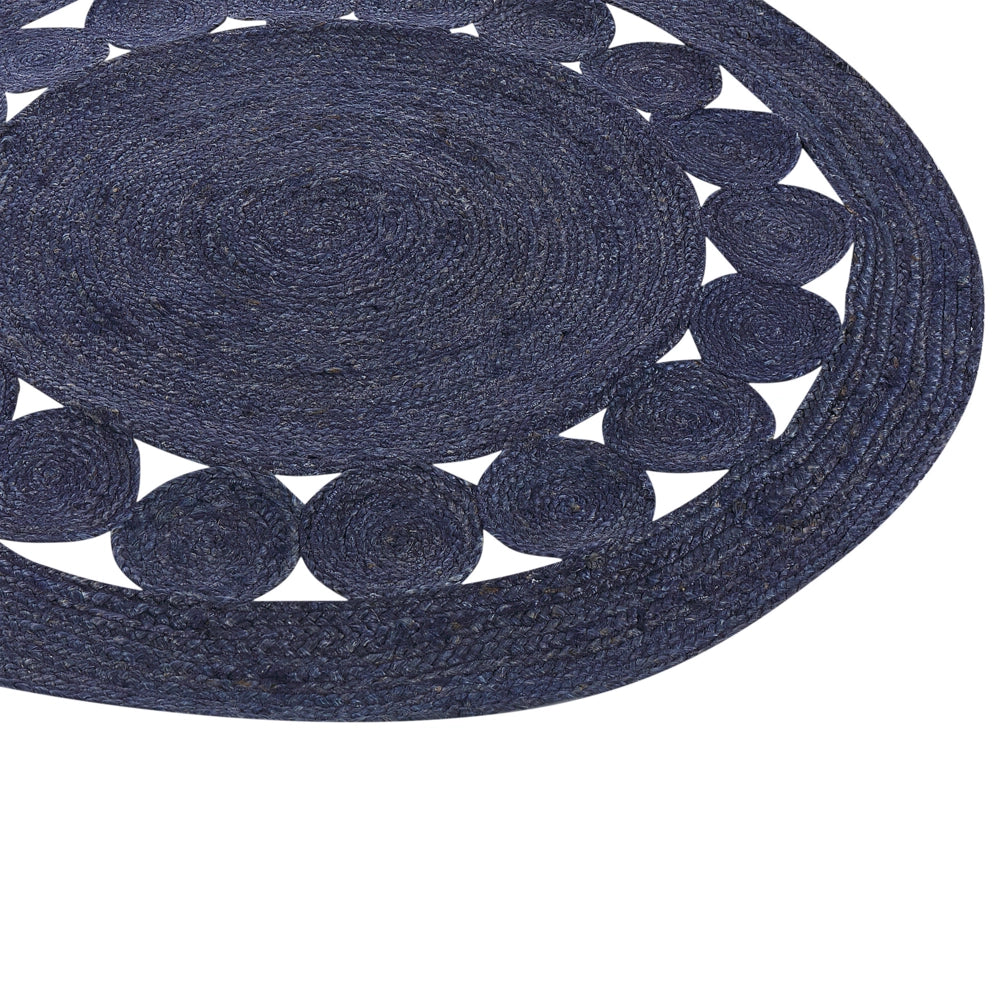 Tappeto Boho in iuta tessuto a mano  Blu Scuro rotondo ø 120 cm soggiorno camera da letto
