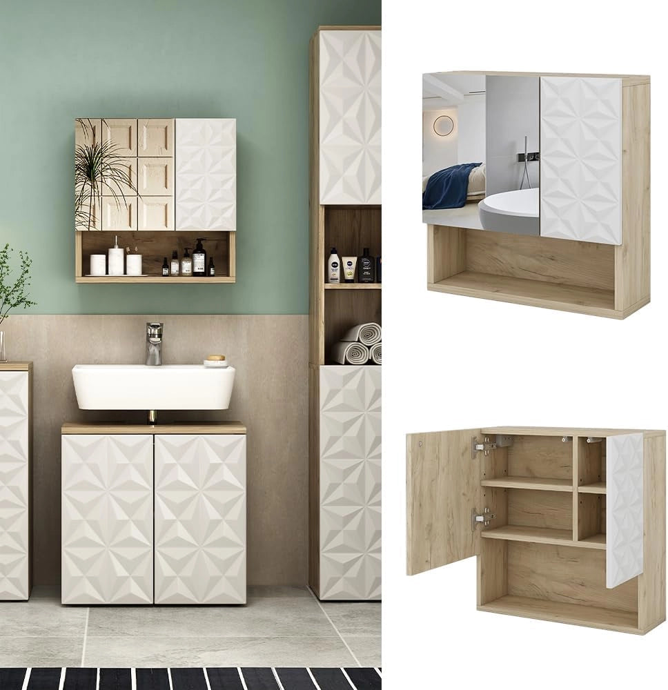 Specchio contenitore bagno Edge, Bianco, 54 x 55 cm con anta e vani a giorno, per la conservazione in bagno con meccanismo push-to-open