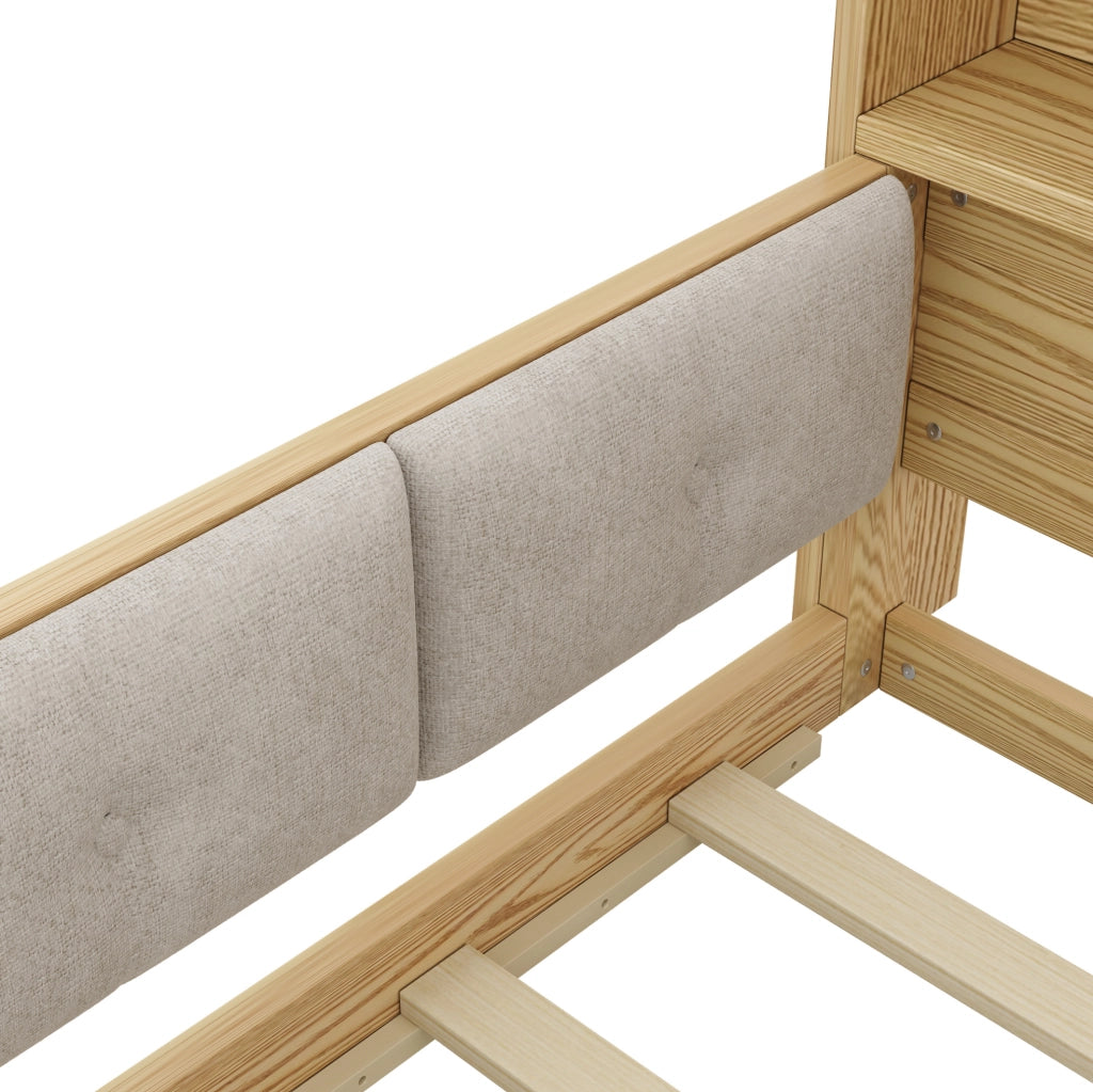 Letto per bambini 140x200 cm con sponde; testiera con contenitore e LED; naturale