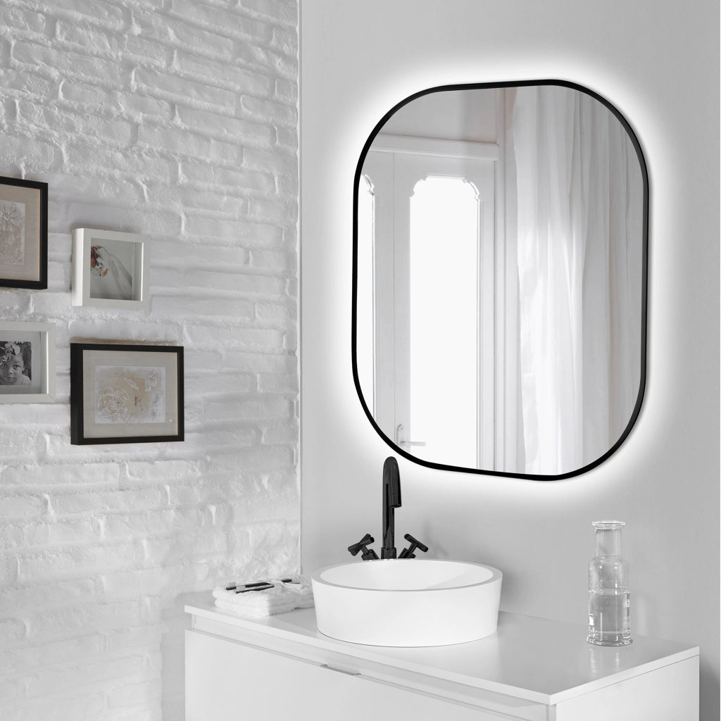 Emuca Specchio Cepheus con illuminazione LED decorativa e cornice nera, tondo rettangolare 600 x 800 mm, 12 W, Alluminio e Vetro, 1 u.