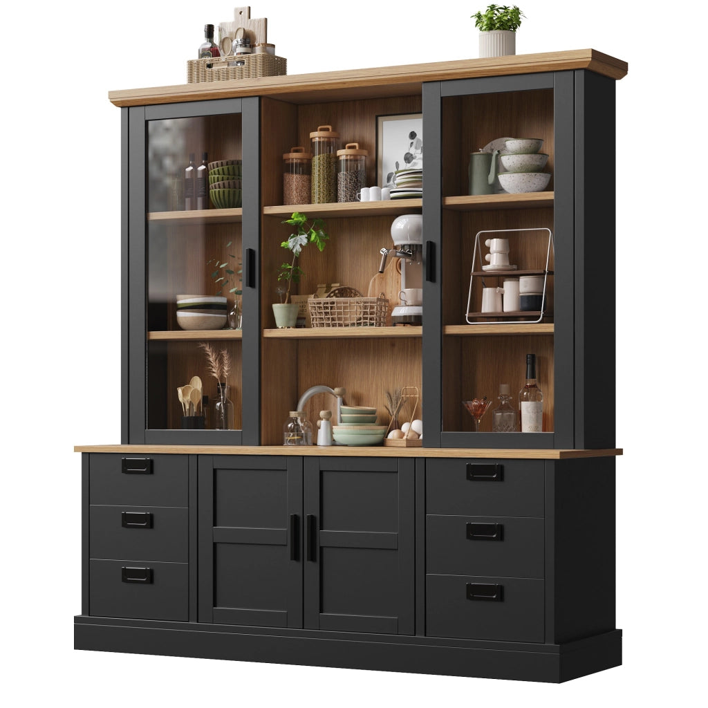 Dispensa alta con 6 cassetti, 6 vani e ante in vetro, per cucina e sala da pranzo, nero, 140 × 40 × 185 cm