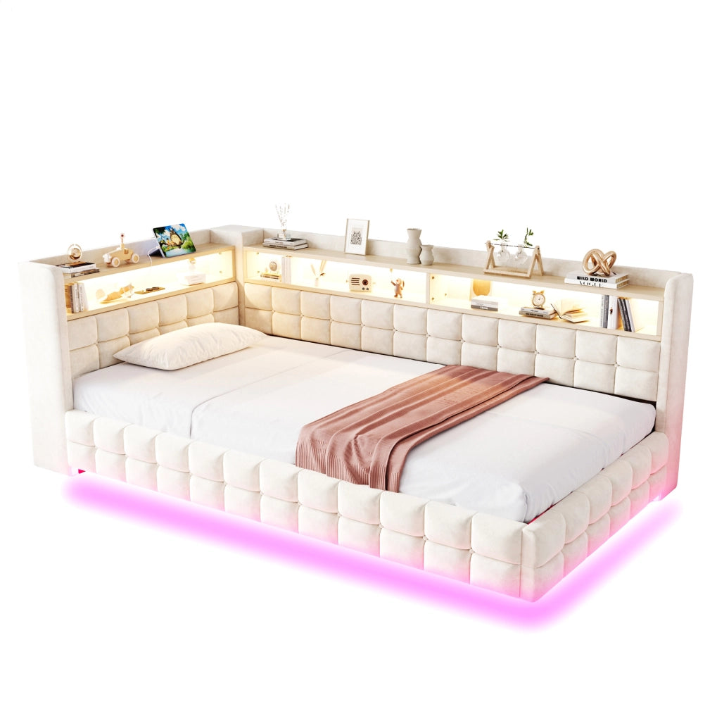 Letto imbottito multifunzione 90x200 cm con contenitore, LED e prese
