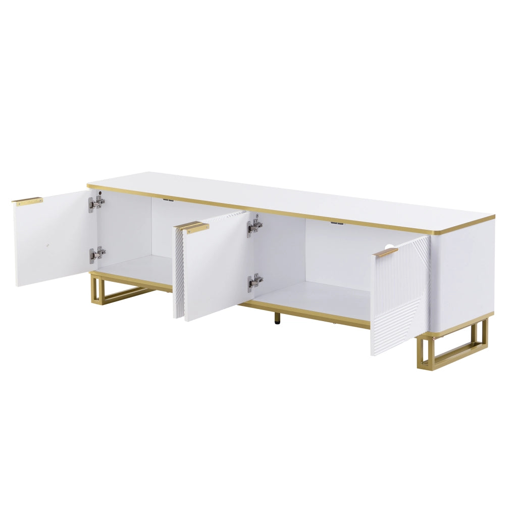 OKWISH Mobile TV con 4 Ante, Passacavi e Vano Aperto, Motivo Geometrico, per Soggiorno, MDF, Bianco, 160×37,5×48 cm