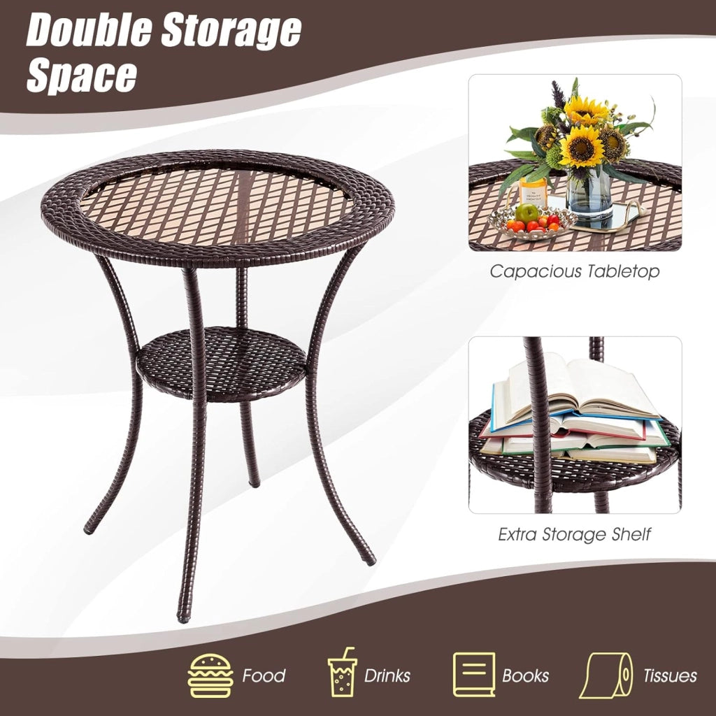 Tavolo Appoggio da Giardino, a 2 Ripiani, Rotondo, Tavolino Esterno in Rattan e Vetro, Resistente all'Intemperie, Portata di 35 kg, per Piscina/Patio/Balcone, 64 x 71,5 cm