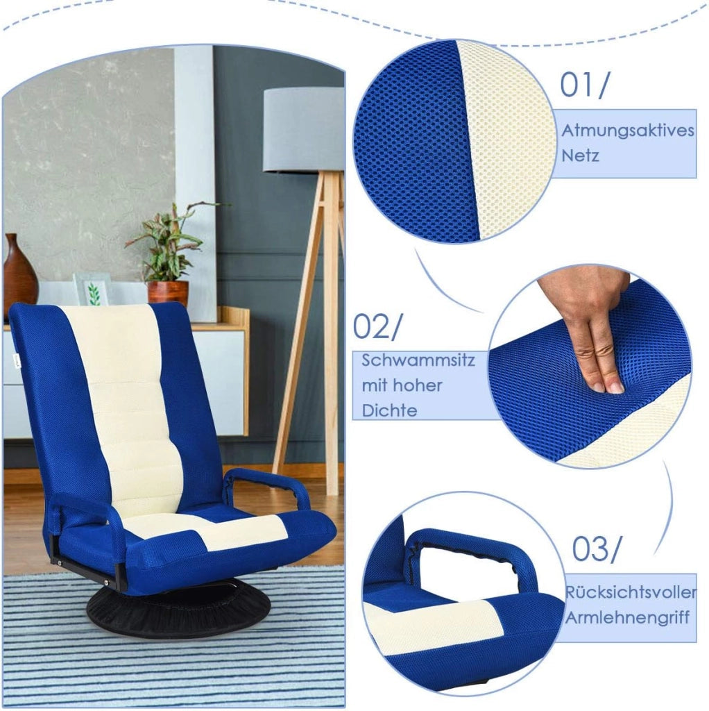 Poltrona da Pavimento, Pieghevole e Girevole, Reclinabile a 5 Livelli, Imbottita da Spugna, Portata di 150 kg, Ideale per Salotto e Ufficio, 55x87x75 cm, 2 Colori Disponibili (Blu)