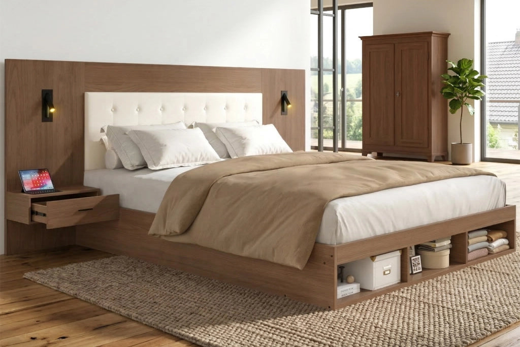 DESMIU Letto con contenitore 180 × 200 cm 2 posti con USB, Type-C e luce da lettura, senza materasso, in MDF, noce