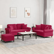 Set di Divani 3 pz con Cuscini Rosso Vino in Velluto