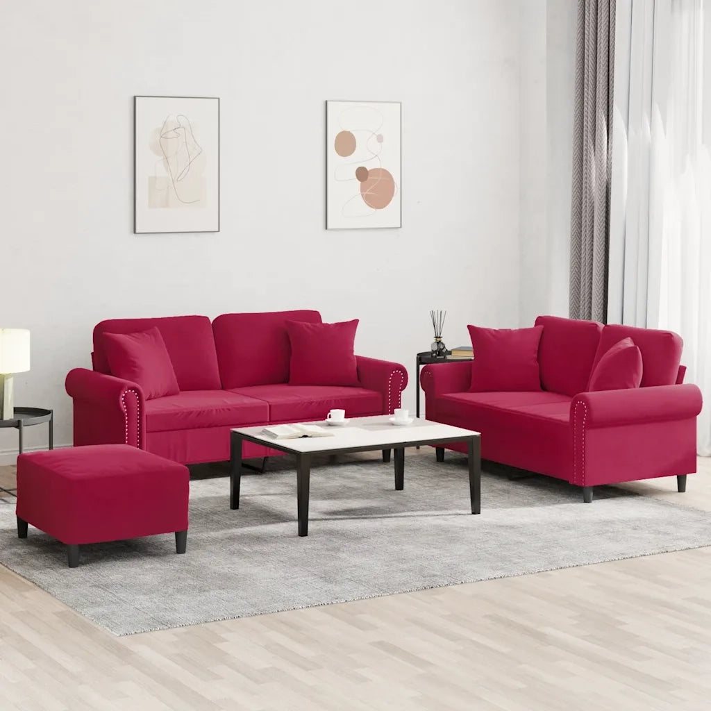 Set di Divani 3 pz con Cuscini Rosso Vino in Velluto