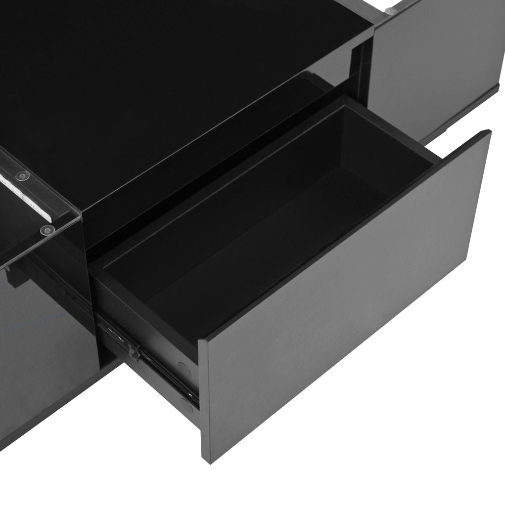 Tavolino da salotto 105x50x35 cm con LED; 2 cassetti; vetro; pannello truciolare nero