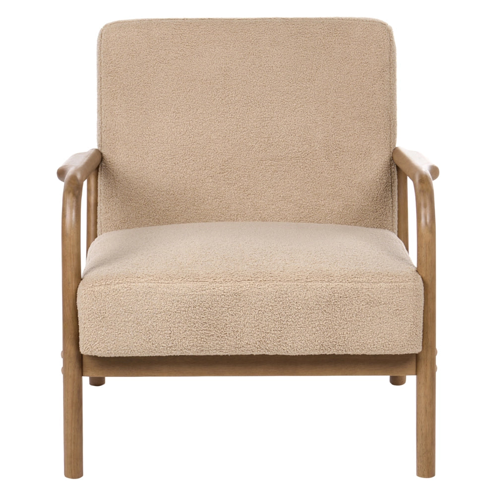 Poltrona beige in bouclé con struttura in legno - Poltrona lounge retrò in stile Mid-Century stile moderno