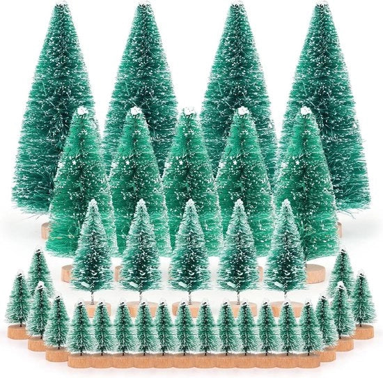 Set di pennelli per decorazione di alberi miniaturi a forma di bottiglia verde da 34 pezzi per decorazione di tavolo DIY per la decorazione di Natale - 4 dimensioni 4,5 cm/6 cm/8,5 cm/12,5 cm