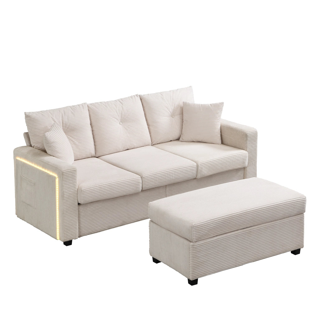 Divano modulare a L 3 posti - con LED e pouf multifunzione - in tessuto cord beige