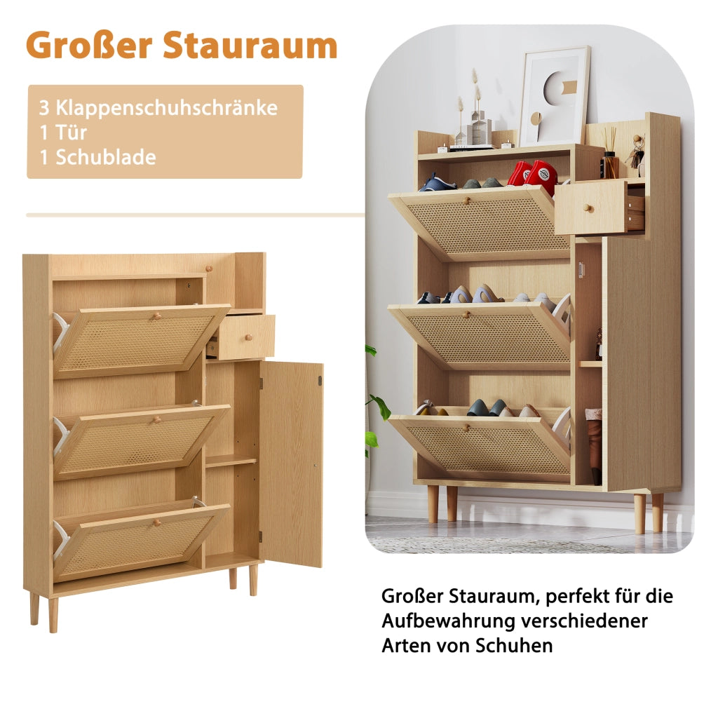 OKWISH Scarpiera con 3 Ante a Ribalta e 1 Cassetto, Ripiani Regolabili, per Ingresso, MDF, Naturale e Bianco, 90 x 17 x 125 cm