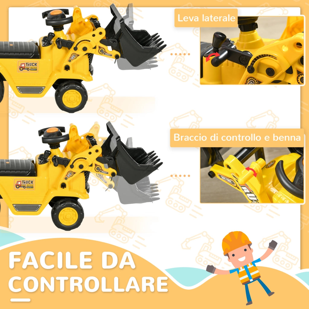 Escavatore per Bambini con Benna e Spazio Contenitore a Scomparsa, in PP e ABS, 80x26.5x39 cm, Giallo e Nero