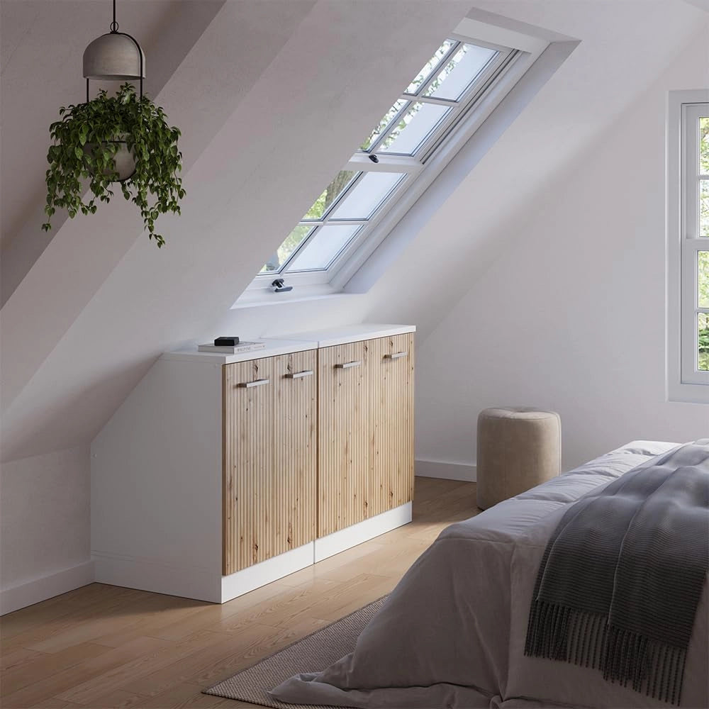 Set di mobili sottotetto Rion, Rovere artigianale, 140 cm Set di 2 carcasse armadio profondità 60 cm, adatto per il salvaspazio sotto tetti spioventi