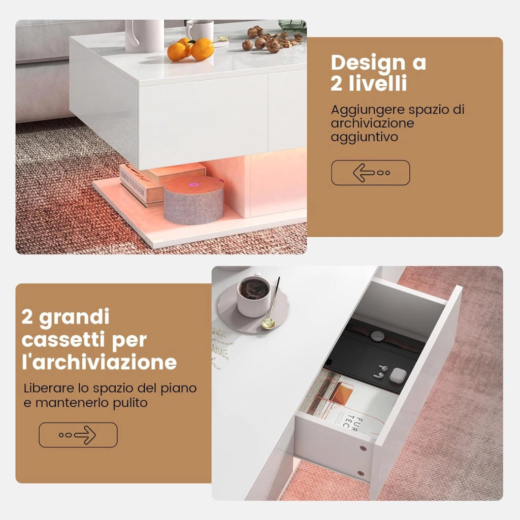 Tavolino da Caffè Moderno, Tavolino a 2 Piani con 20 Luci LED a Colori, 2 Cassetti Portaoggetti e Finitura Lucida, Tavolino Rettangolare per Salotto, Studio e Camera da Letto (Bianco)