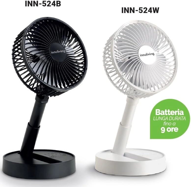 Innoliving Ventilatore Pieghevole Ricaricabile Senza Fili,Altezza Regolabile, 3 Velocità, Angolo 90°, Batteria Litio 1800mAh, Ricarica USB, Portatile, Conveniente (Bianco, 15 cm Pieghevole)