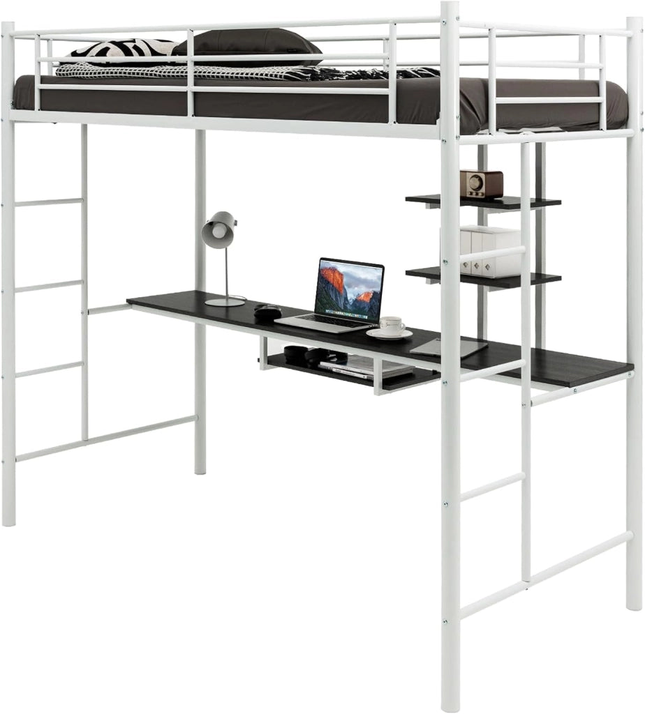 Letto a soppalco con scrivania, 200 x 95 x 180,5 cm, letto a castello con 2 scale e griglia di protezione per bambini, telaio per letto in metallo da 150 kg (bianco)
