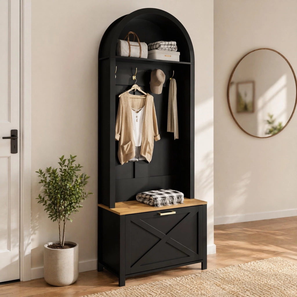 Armadio guardaroba da ingresso con ganci, ripiano e scarpiera, mobile da corridoio, in MDF nero e legno