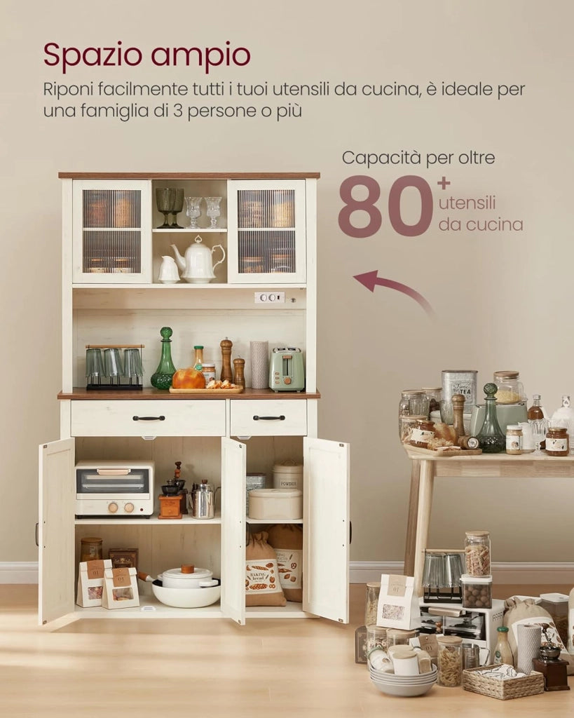 VASAGLE Credenza Cucina con Luce e Multipresa, Mobile Dispensa Cucina con Ante e Cassetto, 39,5 x 106,5 x 180,6 cm, con Ripiani Regolabili, Stile Farmhouse, Bianco Vintage e Marrone Miele BBK391W02