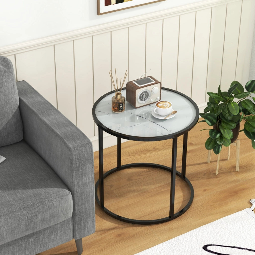 Tavolino rotondo da 50 cm con struttura in metallo e piano in vetro effetto marmo, Tavolino laterale in vetro Bianco e Nero-Tavolini da salotto