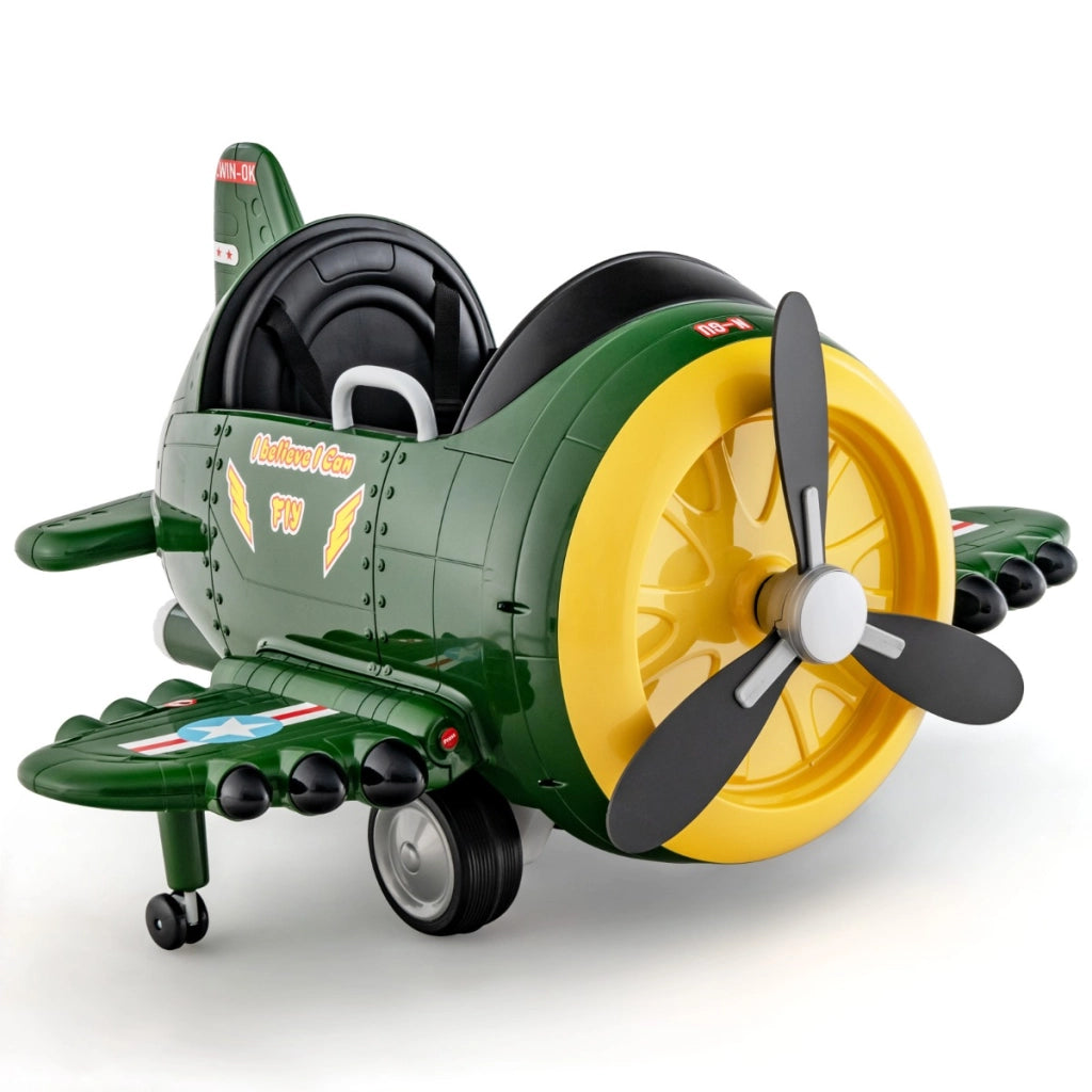 Auto giocattolo elettrica a forma di aereo per bambini, Aeroplano con joysticks e telecomando alare pieghevole Verde-Macchinine giocattoli