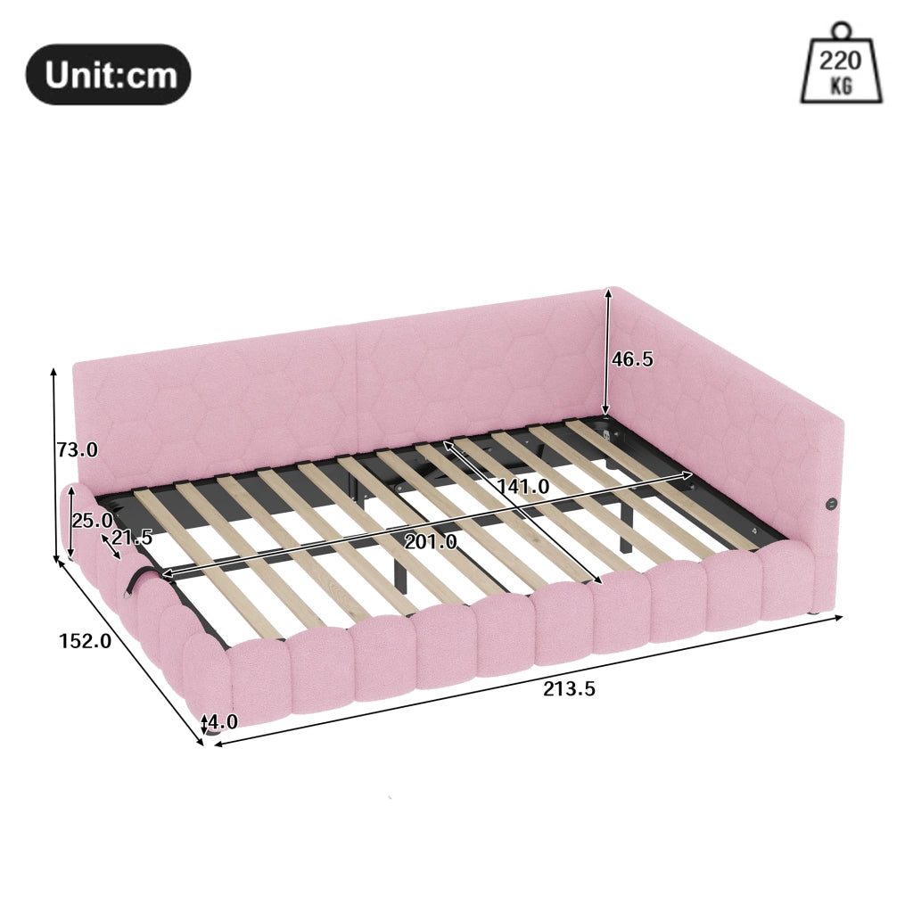 Letti contenitori 140x200 cm con vano contenitore idraulico; LED USB e Type C; velluto rosa (Senza materasso)