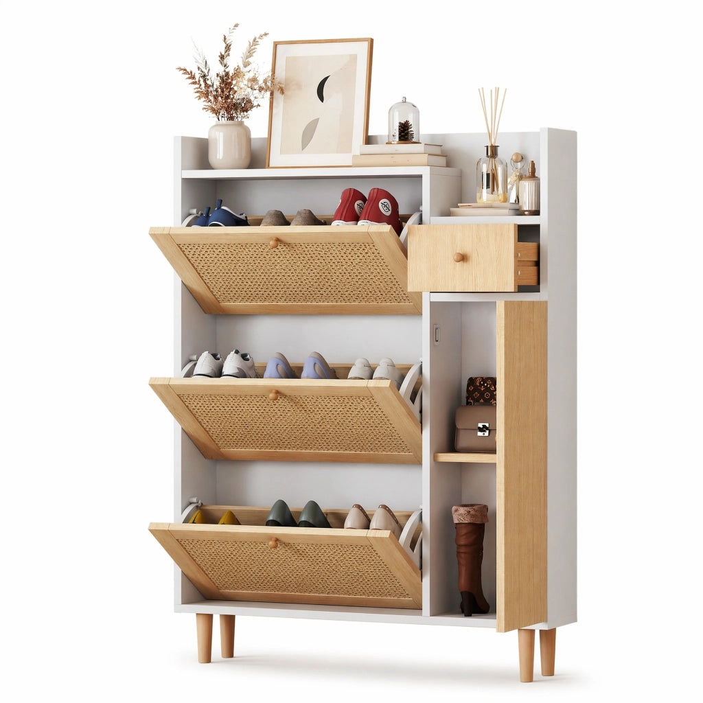 Scarpiera slim con ante a ribalta, MDF, naturale e bianco